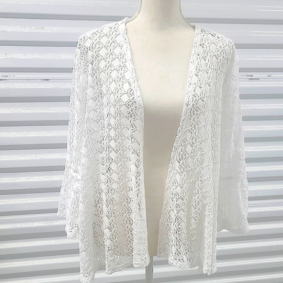 White Lace Blazer Open Front Cardigan Cotton Blend Short Bell Sleeve Fairycore - Picture 1 of 7
